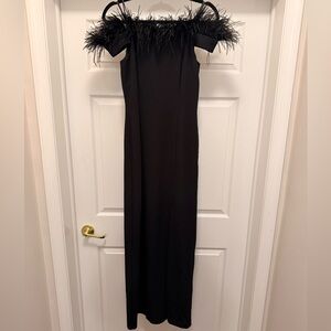 Adrianna Papell Black Feather-Trim Off-Shoulder Maxi Dress